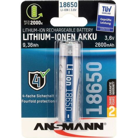 Ansmann 18650 Li-Ion Battery 2600mAh 3.6V 9.36Wh (1/2)