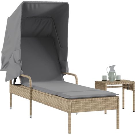 Sonnenliege mit Dach und Tisch Beige Poly Rattan