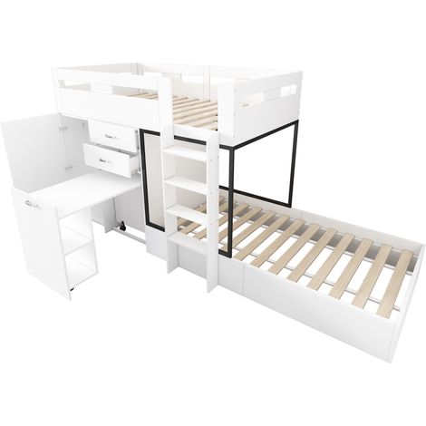 Letto a soppalco bimbi con scrivania estraibile, armadio, cassetti e ripiani 90x200 cm bianco (1/5)