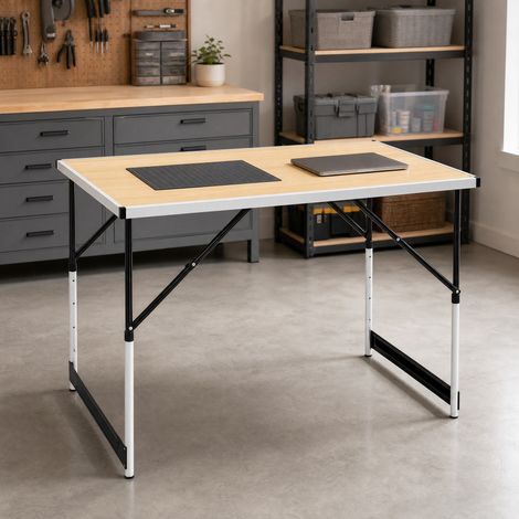 Mesa de jardín plegable ajustable en altura 100 x 60 cm, aluminio y MDF, roble claro DESVIAE (1/5)