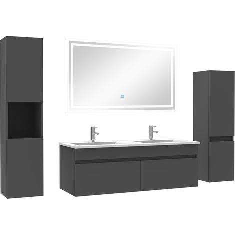 Ocean meuble Salle de Bain Anthracite 120cm double vasque + colonne + miroir LED