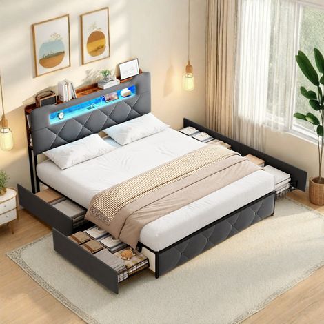 Lit double 160x200 avec led et usb, cadre de lit avec sommier à lattes et 4 tiroirs, tete de lit avec rangement,gris velours lit adultes (1/5)