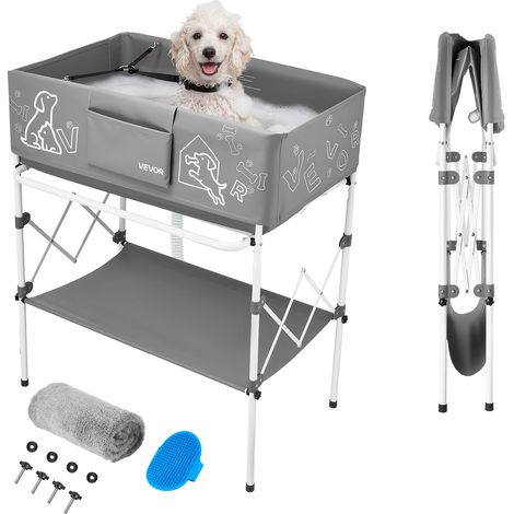 VEVOR 100L Hundebadwanne, Erhöhte Haustierbadwanne mit Metallgestell, Haustierwanne mit Abfluss Lagerregal Seitentasche, Faltbare Wäschewanne zum Pflegen & Baden für Kleine Mittelgroße Haustier, Grau (1/5)