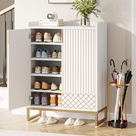 Tribesigns – Armoire à chaussures blanche 25 paires – Meuble de rangement moderne 5 niveaux – Structure en bois et métal – Design minimaliste avec portes (1/5)