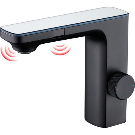 1 Mitigeur Lavabo Infrarouge, Double Capteur, Acier Inoxydable, Noir Mat, Salle de Bains