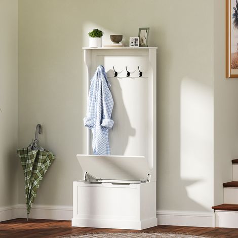 Appendiabiti con panca porta scarpe, 4 ganci, stile moderno, 71,5x39,5x170 cm, bianco (1/5)