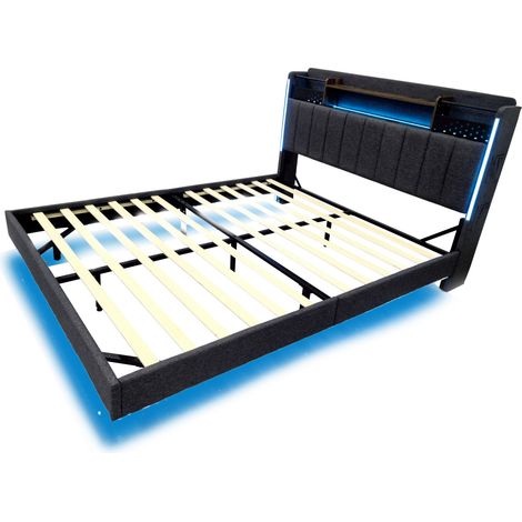 Lit double 160x200 rembourré avec LED, port USB, tête de lit avec rangement, effet flottant, tissu lin gris, pour chambre adulte et ado  CHICFURN (1/5)