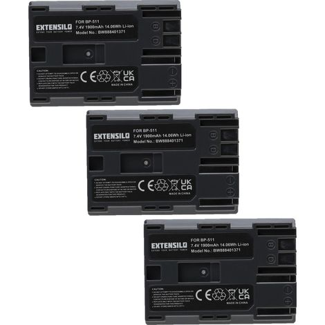EXTENSILO 3x Akku Ersatz für Canon BP-535, BP-512, BP-511A, BP-522, BP-514, BP-511, BP-508 für Kamera (1900 mAh, 7,4 V, Li-Ion) (1/3)
