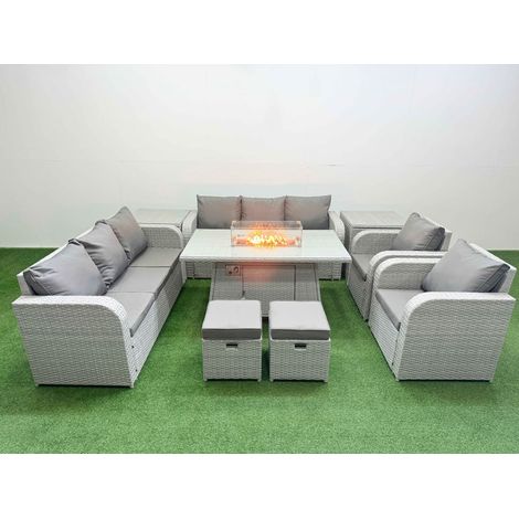 Fimous PE Rattan High Back Lounge Sofa Set Patio Firepit Dining Table & Chairs Set with 3 Seater Sofa Reclining Chair Stools 2 Side Table Light Grey (1/4)