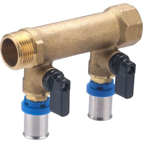 Noyon & Thiebault – Collecteur à sertir pour tube multicouche Ø16 – 2 départs – Vanne d'arrêt quart de tour – Entraxe 60mm – Mâle 20x27 / femelle 20x27 - MF20x27