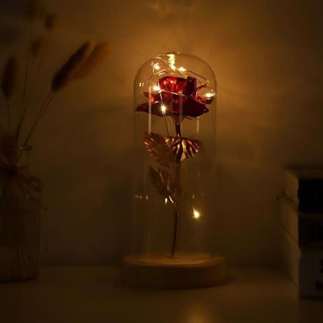 Lampe à DEL - Non spécifié - Modèle non spécifié - Fleur rose - Couvercle en verre - Socle en bois (1/3)