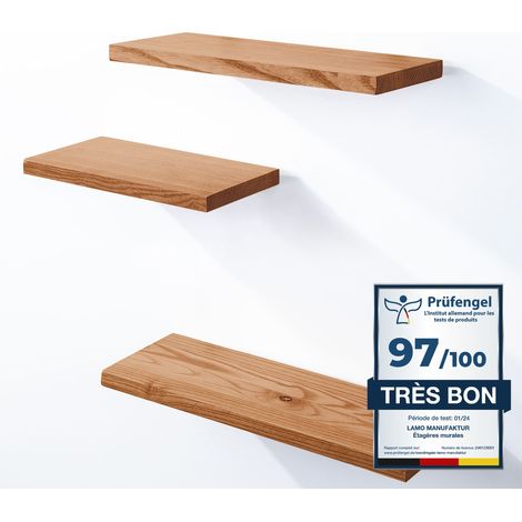 Étagère murale en bois massif 3 étagères – Fixation invisible – Dimensions 42/36/30cm – Style rustique pour salon – Lamo Manufaktur