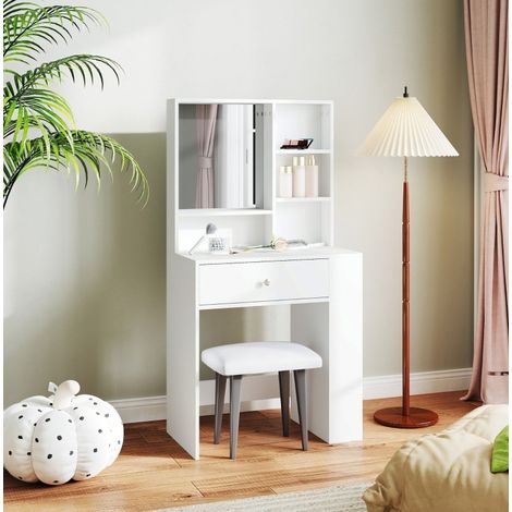 MEUBLIV Tocador con espejo blanco 70x40x137 cm – 1 cajón y estante lateral de 3 niveles (1/5)