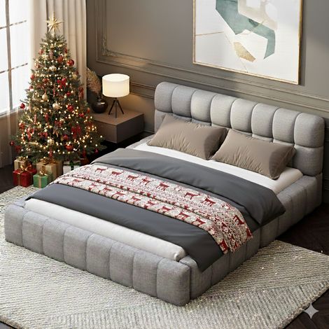 Lit 140x200 cm - Lit Double Rembourré - Tissu Coton Lin - Tête de Lit Confortable - lit 140x200 Gris (1/4)