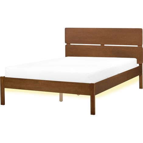 Cama LED con somier de listones de madera de caucho marrón oscuro con cabecero estilo rústico minimalista 140 x 200 cm Boisset (1/5)