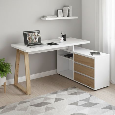 Escritorio Hachette, 3 cajones, 2 compartimentos Made in Italy, Color Blanco, 135x75x120h cm Blanco Brillante (1/5)