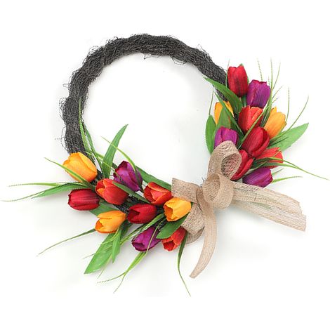 Couronne de fleurs artificielles 40cm, décoration de porte d'entrée printemps-été pour intérieur et extérieur, anneau en plastique Orange rouge violet (1/5)