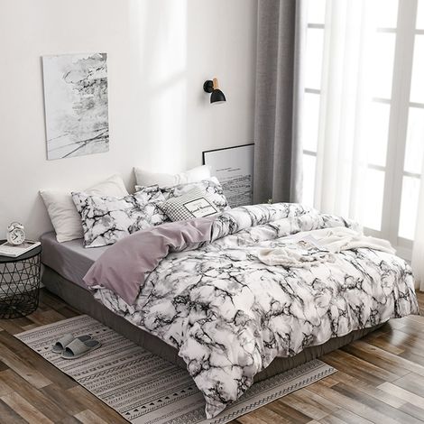 Ensemble de literie 3 pièces en polyester marbré, housse de couette et taie d'oreiller, taille double européenne (blanc) (1/5)
