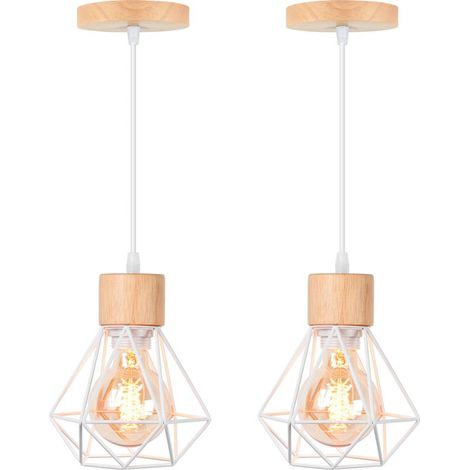 – Lustre suspension cage diamant en métal E27 – Plafonnier en bois blanc – Câble ajustable 100 cm – Tension AC110-240V (1/5)