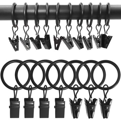 Lot de 100 anneaux de rideaux métalliques avec pinces, crochets et clips décoratifs pour tringle à rideaux, œillets de 3,8 cm de diamètre intérieur, antirouille, noir vintage (1/5)