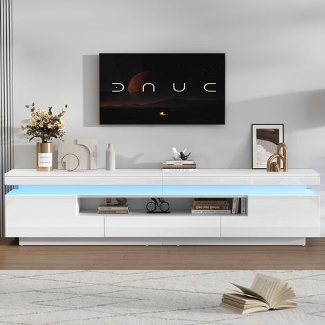 Meuble TV de salon 1753845cm avec 2 armoires en L et 1 tiroir, meuble bas laqué brillant avec LED, espace de rangement semi-ouvert, meuble TV sur pied adapté aux téléviseurs d’environ 75 pouces (1/5)