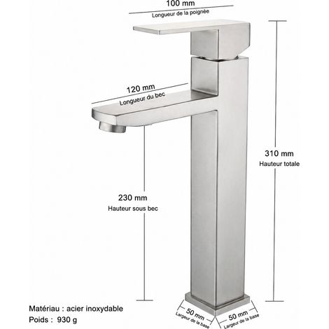 Mitigeur de lavabo surélevé carré en inox brossé 304 avec flexibles 80 cm 80 cm réf 9653 30 g – Livraison gratuite