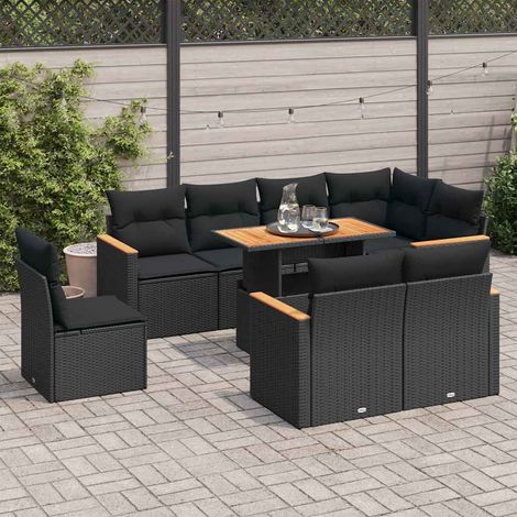 Set sofás jardín y cojines 9 pzas ratán sintético acacia negro vidaXL (1/5)