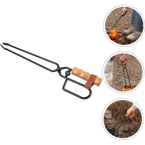 Pince à charbon de bois pour barbecue de camping en plein air, manche en bois de bouleau, pince à charbon, pince pour cheminée, pince anti-brûlure, poêle à bois de camping, manche en bois (1/4)