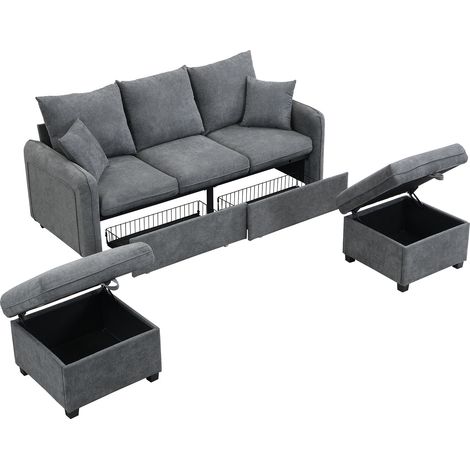 Canapé d’angle multifonctionnel en U, 3 places, avec rangements – ensemble de canapé modulable et démontable avec fonction lit, incluant tiroirs et pouf avec compartiment de rangement, revêtement en c (1/5)