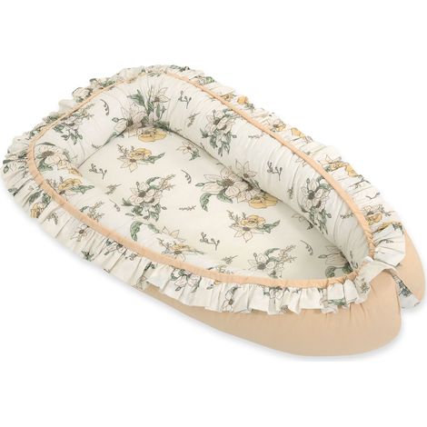 Premium Baby Kokon Laufstall Wickeltuch mit Rüschen - Clematis auf Beige (1/5)