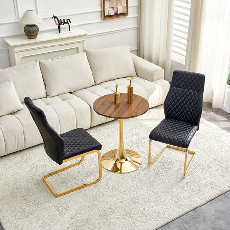 Set tavolo e 2 sedie da pranzo, tavolo rotondo 60 cm in MDF effetto noce, sedie nere (1/5)
