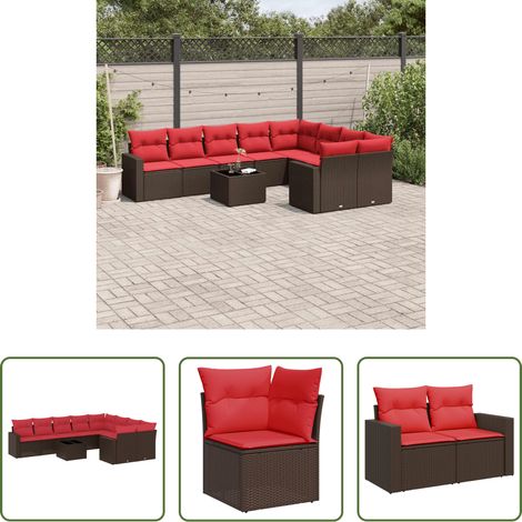 vidaXL Canapé avec accoudoirs - Salon de jardin 10 pcs avec coussins marron résine tressée (1/5)