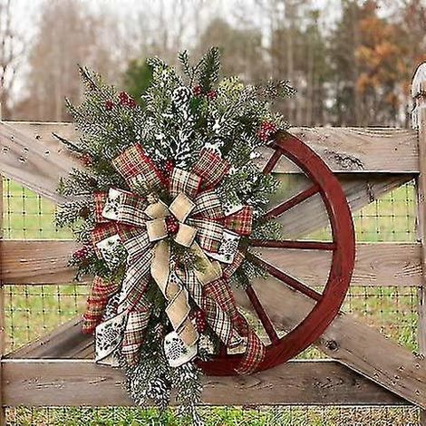 Roter Wagenradkranz mit Bändern, Kiefernzweigen und Beeren  Vintage-Bauernhaus-Türkranz  Weihnachtskranz für Fenster und Garten (1/3)