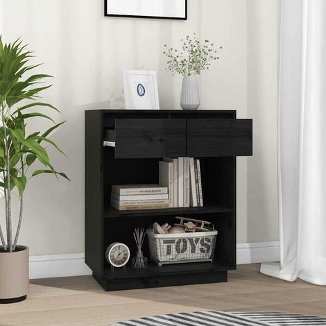 Meuble d'Entrée en Bois Massif de Pin, Console Noire 60x34x75 cm avec Rangement, Commode Couloir Moderne pour Salon (1/5)