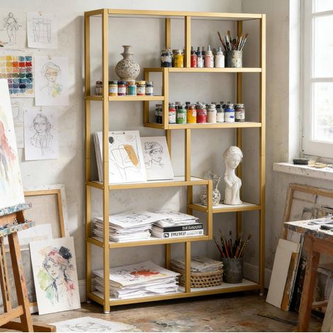 Estantería librería 100x20x180 cm blanco y dorado en metal y efecto mármol con 8 baldas abiertas (1/5)