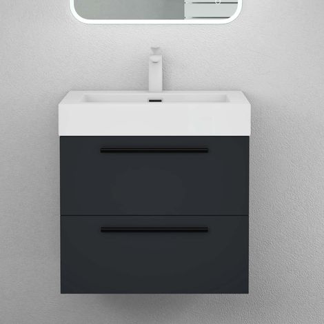 Mai & Mai Mobile Bagno Sospeso60cm, Mobiletto per Bagno con Lavabo, Antracite Opaco, Seria Quadratto (1/5)