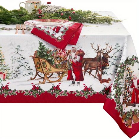 Nappe de Noël Père Noël & Renne - Lavable, Couverture Rectangulaire en Polyester pour Fêtes et Dîners de Noël (1/5)