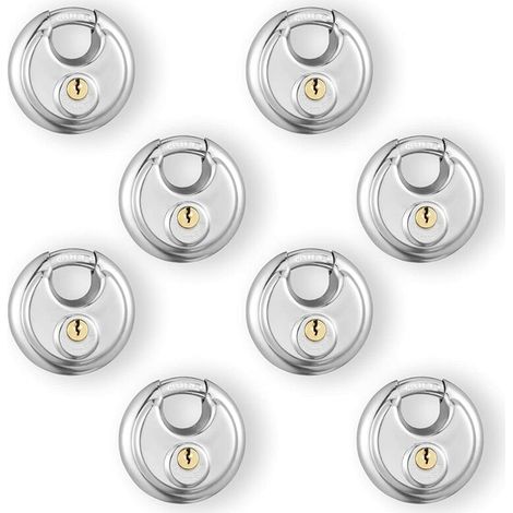 VURAHOME - Lot de 8 cadenas à disque en acier inoxydable avec clé identique, verrou à disque pour l'extérieur, unité de stockage Argent (1/4)