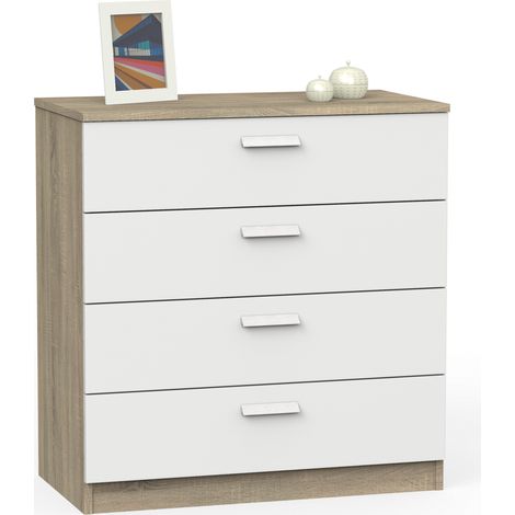Commode de rangement de 4 Tiroirs avec Glissières Métalliques coloris Blanche et Chêne cambrien - Longueur 74 x Profondeur 40 x Hauteur 78 cm (1/3)