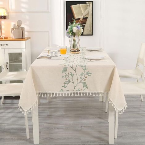 Nappe Rectangulaire Beige 140x180 cm – Antitache, Lavable, En Coton et Lin, Broderie Feuilles Vertes et Franges Élégantes (1/5)