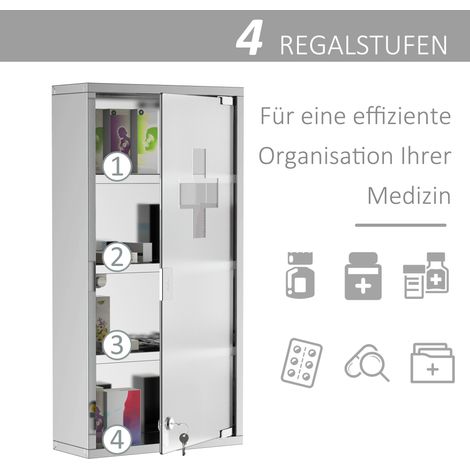 Armoire à pharmacie en acier inoxydable, fermable à clé, 4 compartiments, porte vitrée, rangement médicaments, 30 x 12 x 60 cm (1/4)