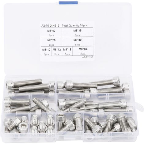Vis Hexagonale à Chapeau Creux - Acier Inoxydable 304 - Filetage M8 - 51 Pièces - Kit Longueurs Variées (1/5)