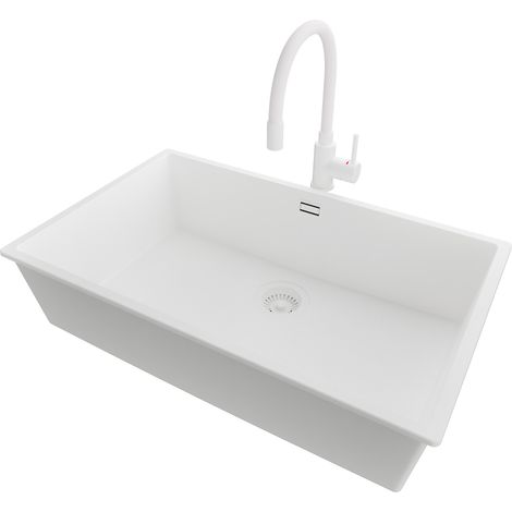 PRIMAGRAN Evier Cuisine en Granit 76x47cm,Lavabo 1 bac + Robinet 38x14cm + Kit de Vidage, Évier à Encastrer au meuble 80cm - London Slim, Tout Blanc (1/5)