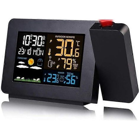 Réveil projecteur avec capteur extérieur, station météo personnelle compatible avec la chambre, horloge projecteur à luminosité réglable, double alarme, écran LCD, prise européenne 12/24 h, noir (1/5)
