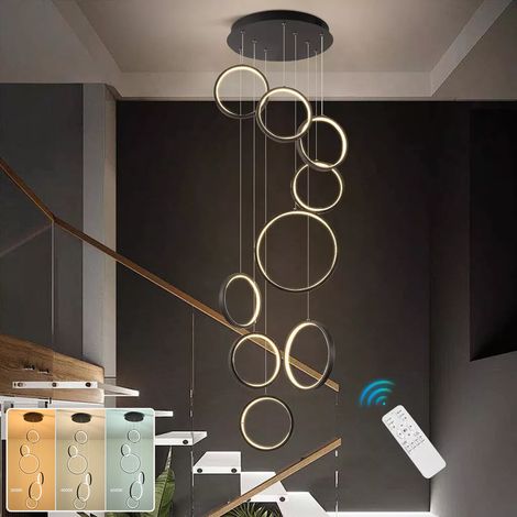 Lustre Moderne 86W avec Télécommande, Luminaire Suspendu LED à Gradation Continue, 9 Anneaux - Plafonnier, 3 Températures de Couleur, H. 300 cm (1/5)