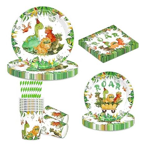 Set de vaisselle anniversaire dinosaures assiettes carton tasses serviettes anniversaire enfants décoration fête (1/5)