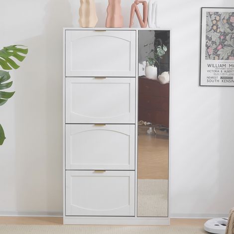 Meuble à chaussures avec miroir 147 cm, Rangement chaussures avec 4 compartiments de rangement rabattables, étagères réglables, Rembourré Meuble Entrée - Blanc (1/5)