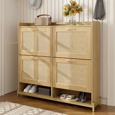 Meuble à chaussures en MDF chêne clair avec portes effet rotin, 108,5x24x100 cm, tablette supérieure (1/5)