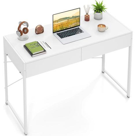 COSTWAY Computer Desk Compact Writing Desk with 2 Drawers-White (1/5)