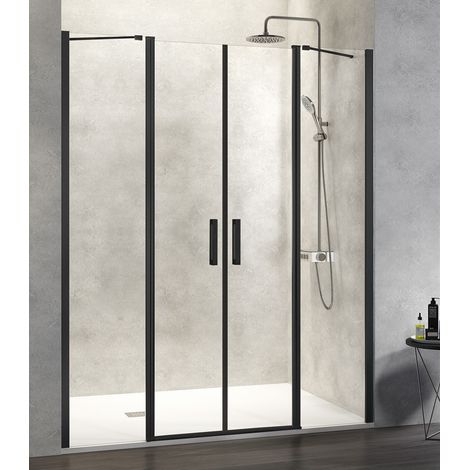 KASSANDRA NARDI NA515 Mampara de Ducha 2 Fijo + 2 Puertas Abatibles Negro Mate Transparente - Medida: 112-117 cm - ref: NA5150516S195112 (1/2)
